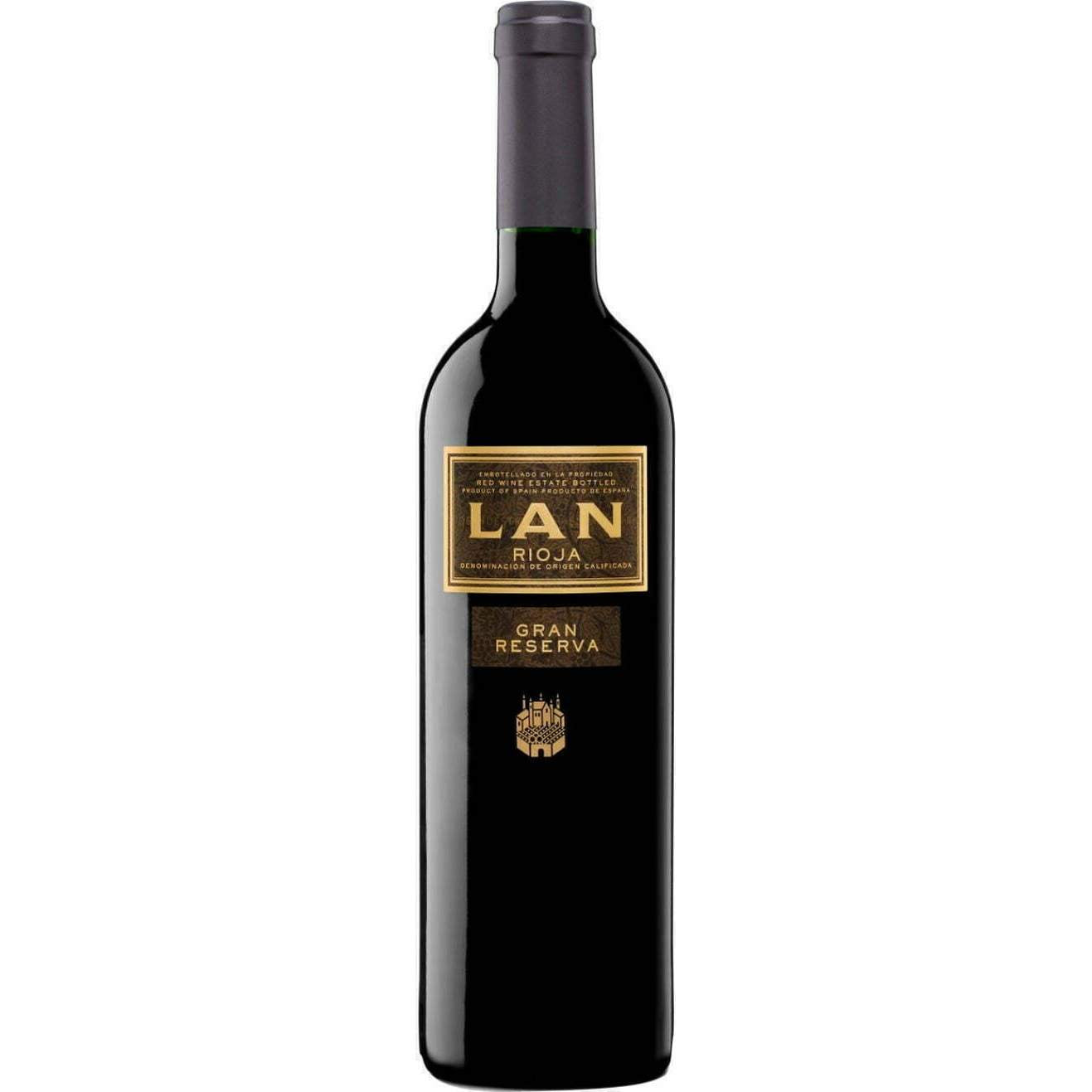 A bottle of Lan Gran Reserva 2016 red wine with a dark label and branding.